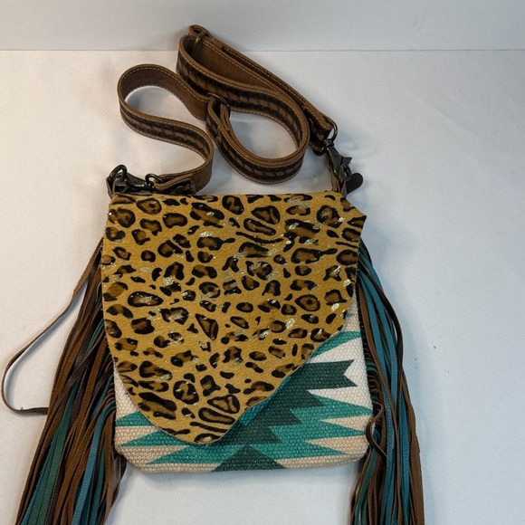 Myra Bag Leopard Print with Teal Fringe Crossbody - Picture 1 of 10